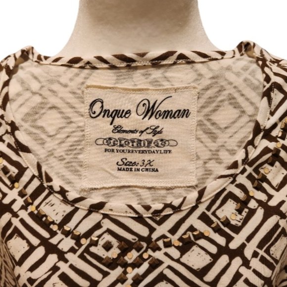 2.	Onque Woman Bead Embellished Brown and Off-White Print Tank Top 3X - Picture 3 of 3